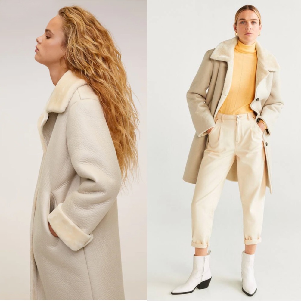 MANGO NWT Oversized Beige Faux Shearling Faux Fur Collar Mid-Length Long Coat S